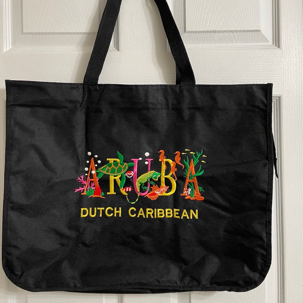 Aruba embroidered tote 21x16  turtle iguana seahorse beach bag